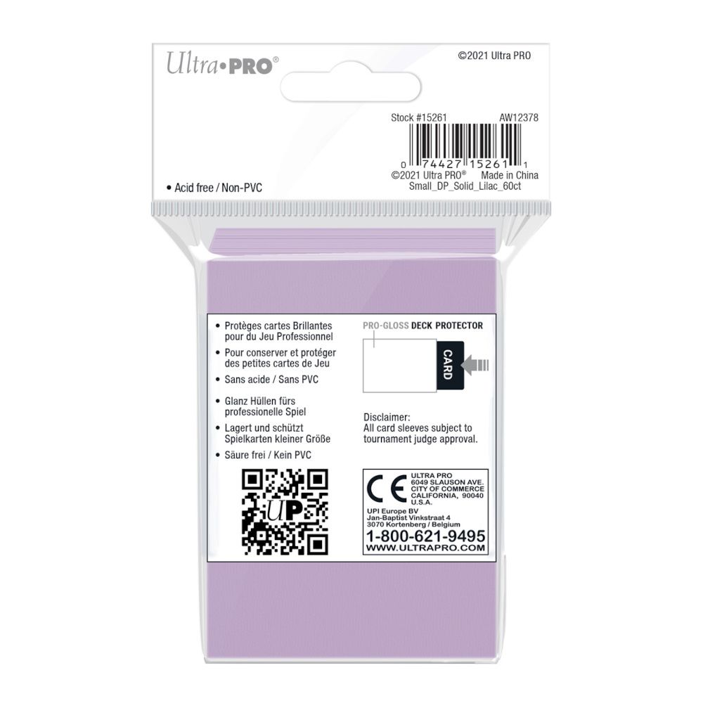 Ultra PRO Pro-Gloss Deck Protector sleeves (60 count) in lilac packaging, showing product details and a barcode