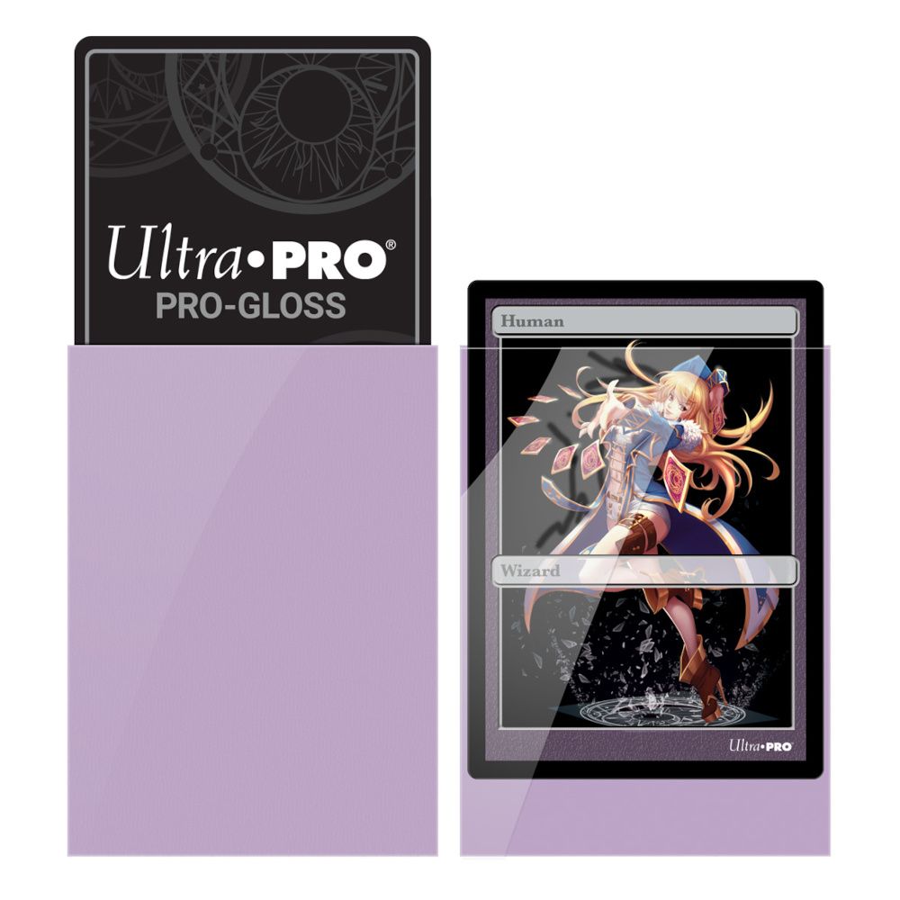 Ultra Pro clear lavender card sleeves protecting a black Ultra Pro sleeve and a Human Wizard TCG card