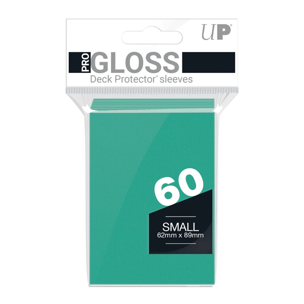 A pack of 60 teal PRO GLOSS Deck Protector sleeves (small, 62x89mm)