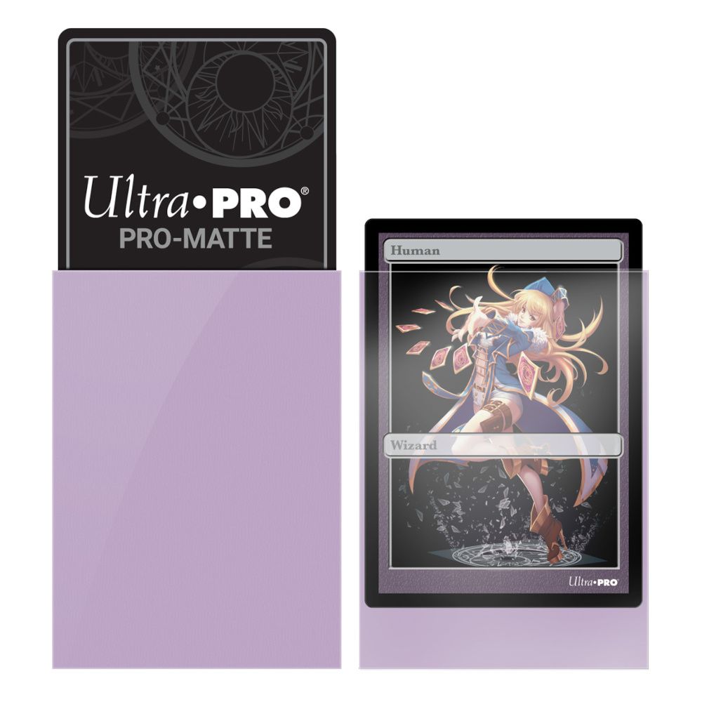 Lavender Ultra PRO PRO-MATTE card sleeve, partially showing a black card back. A fantasy trading card of a blonde wizard, also sleeved, is next to it