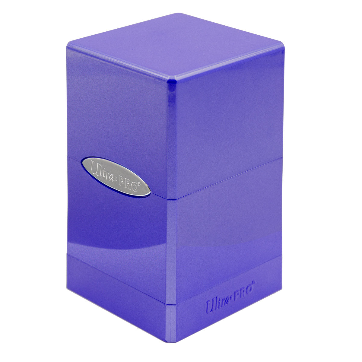 A purple Ultra Pro plastic deck box with a silver logo emblem, standing upright
