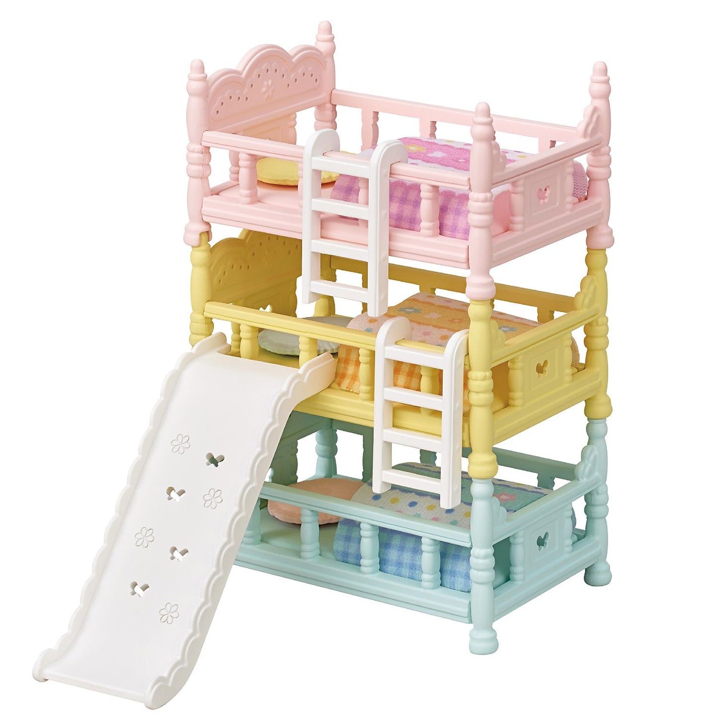 Pastel triple bunk bed toy set (pink, yellow, blue) featuring ladders and an attached white slide