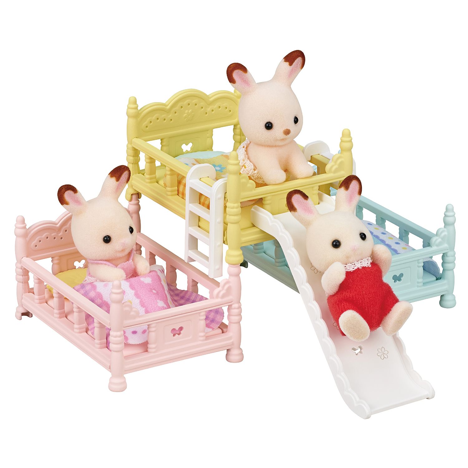 Baby rabbit figures playing on a pastel triple bed and slide nursery set