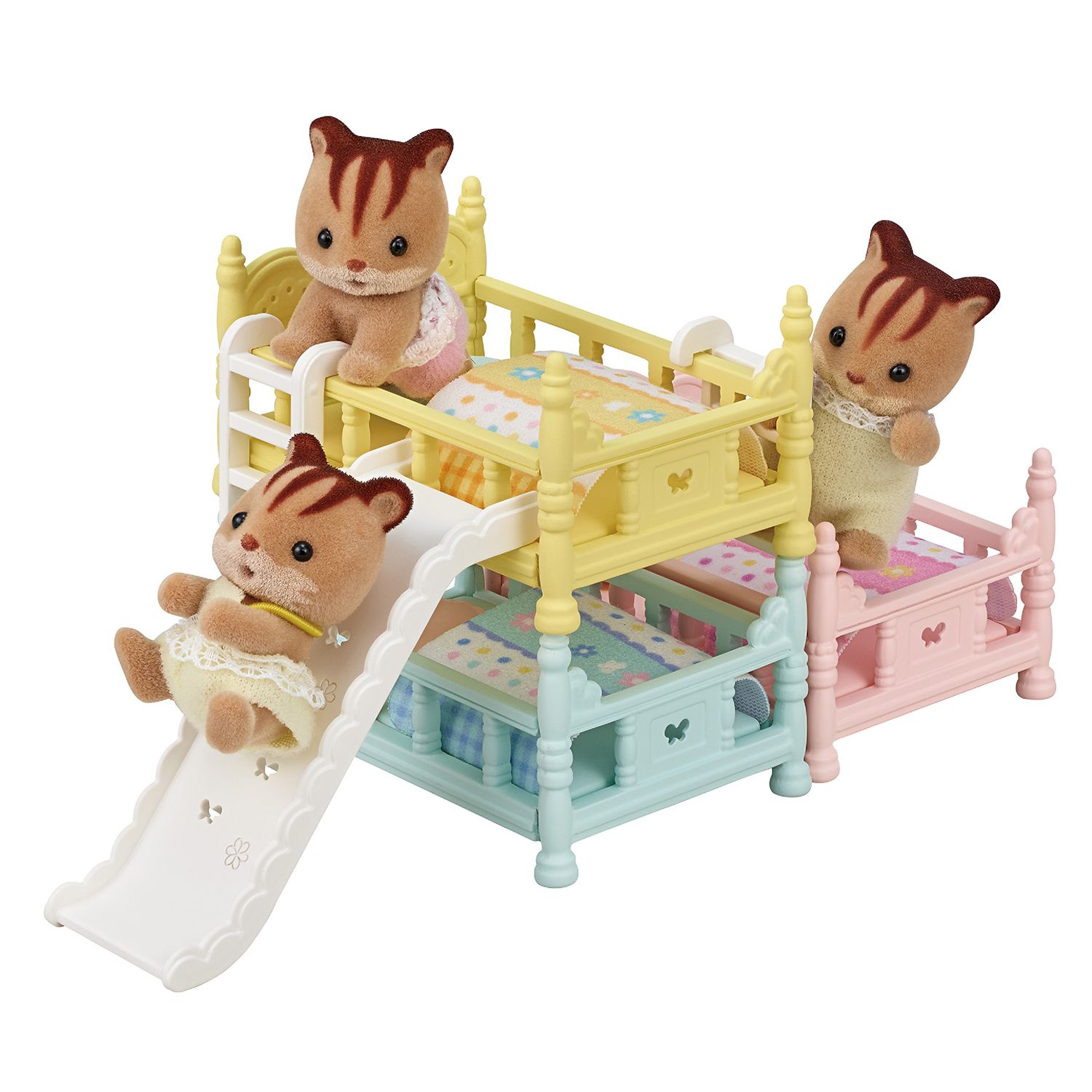 Three baby chipmunk toy figures playing on a pastel triple bunk bed with an attached white slide