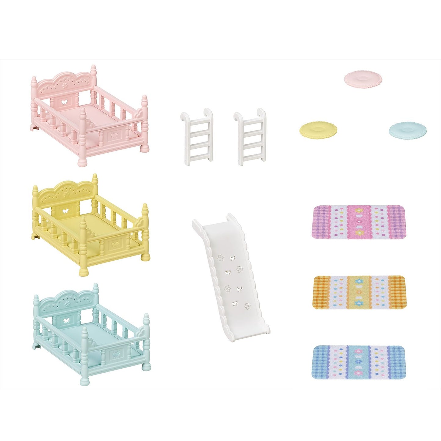 Miniature baby furniture set: three pastel cribs, a slide, two ladders, and colourful patterned rugs