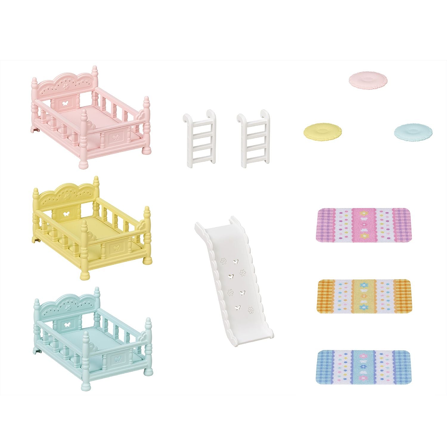 Miniature baby furniture set: three pastel cribs, a slide, two ladders, and colourful patterned rugs