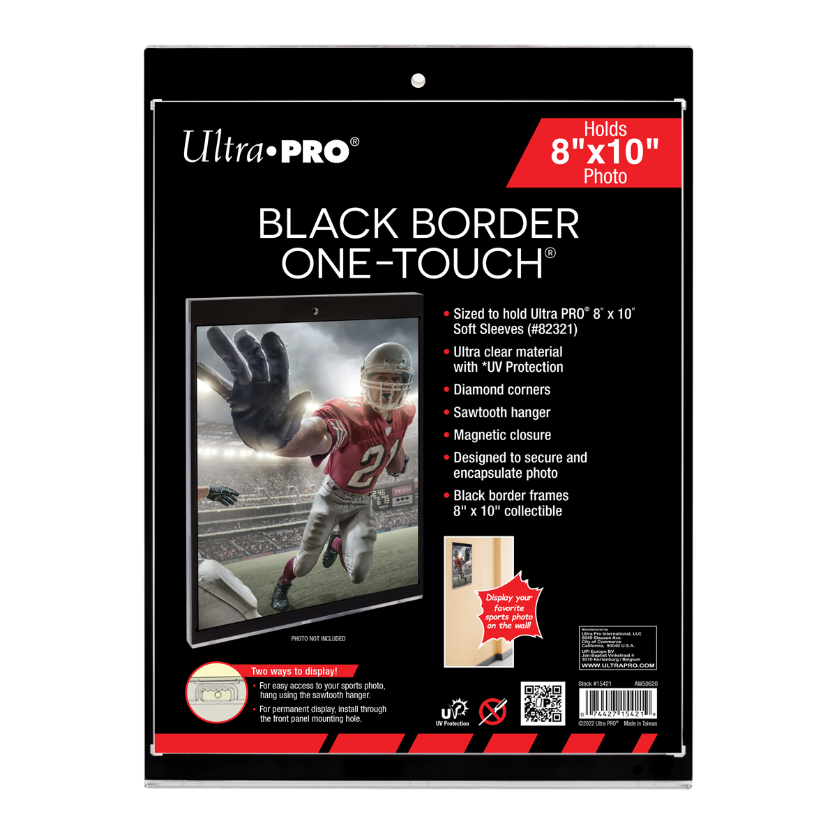 Ultra PRO Black Border One-Touch case displaying an 8x10 football photo, with wall mounting shown
