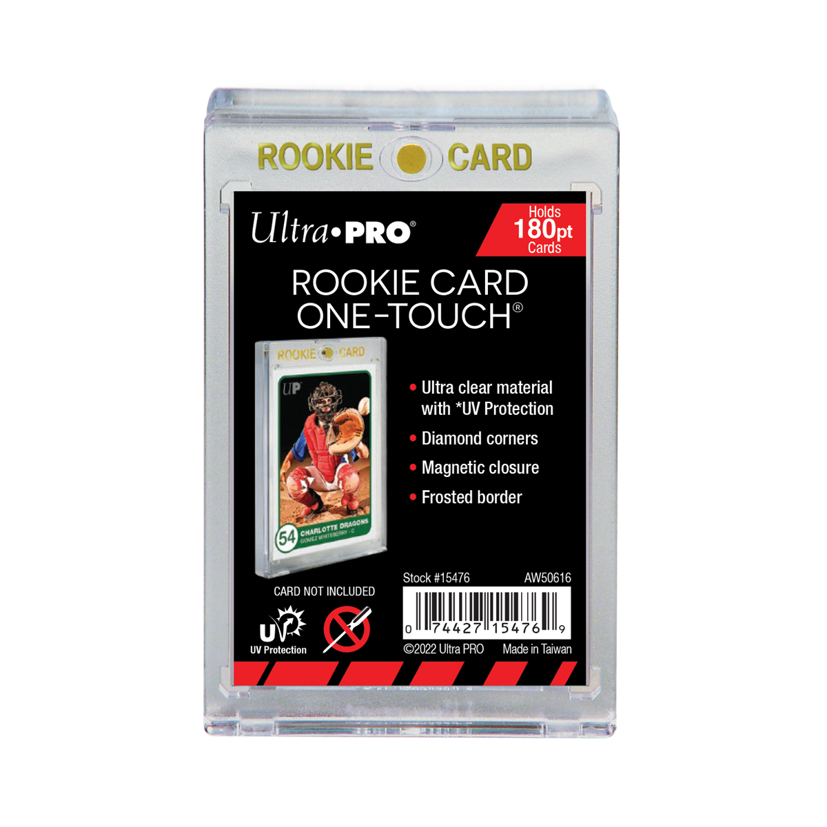 A clear Ultra PRO Rookie Card One-Touch magnetic trading card holder package, displaying product features