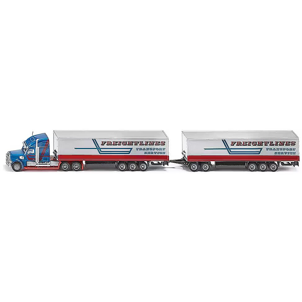 Model of a blue semi-truck pulling dual white "Freightlines Transport Service" trailers