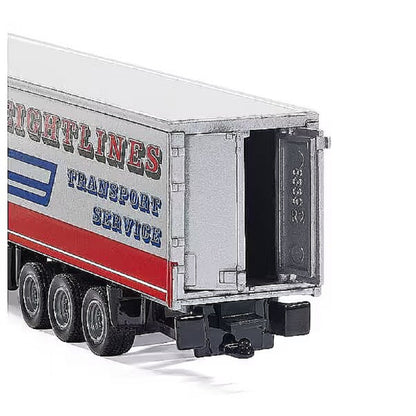 Scale model box trailer branded "FREIGHTLINES TRANSPORT SERVICE" with triple axles and a partially open rear door