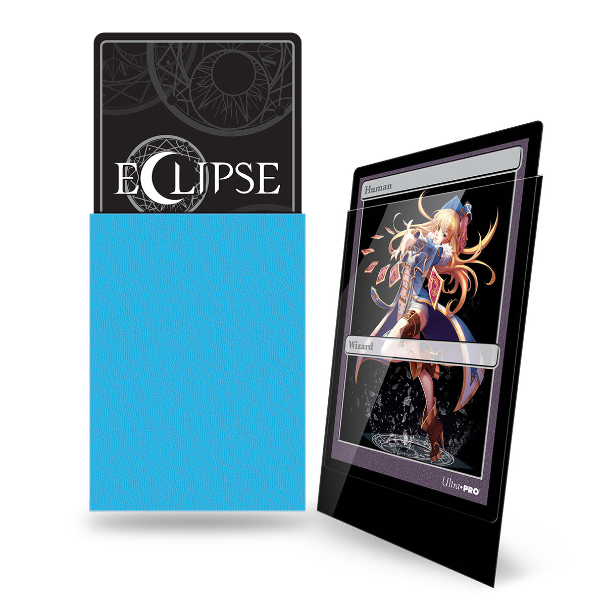 A blue card sleeve partially showing an &quot;ECLIPSE&quot; card back, next to a clear toploader holding an anime &quot;Human Wizard&quot; card