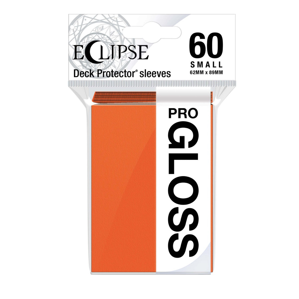 A clear package of 60 small pumpkin orange Eclipse Gloss Deck Protector sleeves, measuring 62mm by 89mm