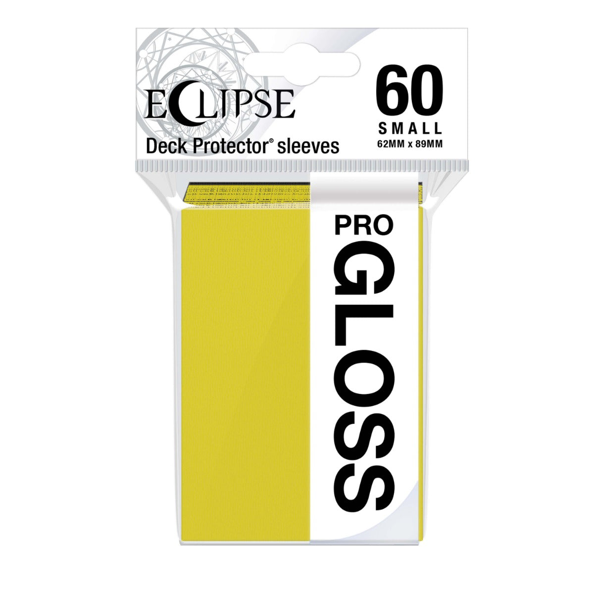 A package of 60 lemon yellow Eclipse Gloss Small Deck Protector Sleeves measuring 62mm x 89mm for card protection