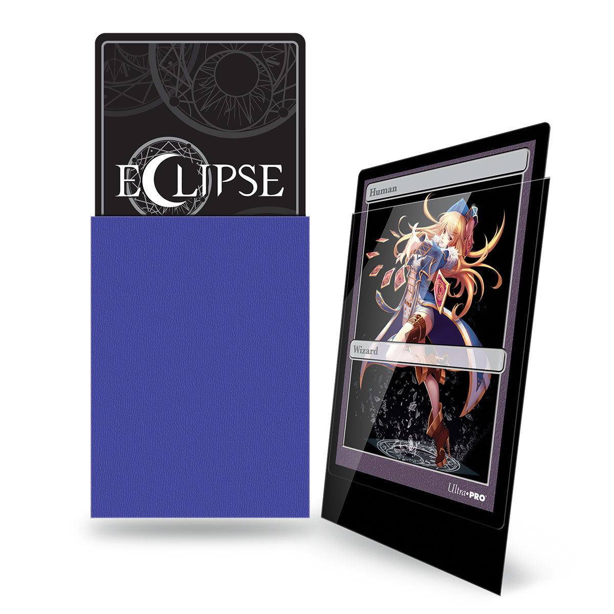 A royal purple Eclipse Deck Protector sleeve holds a black card with an Eclipse design, next to a black card in a clear protector sleeve