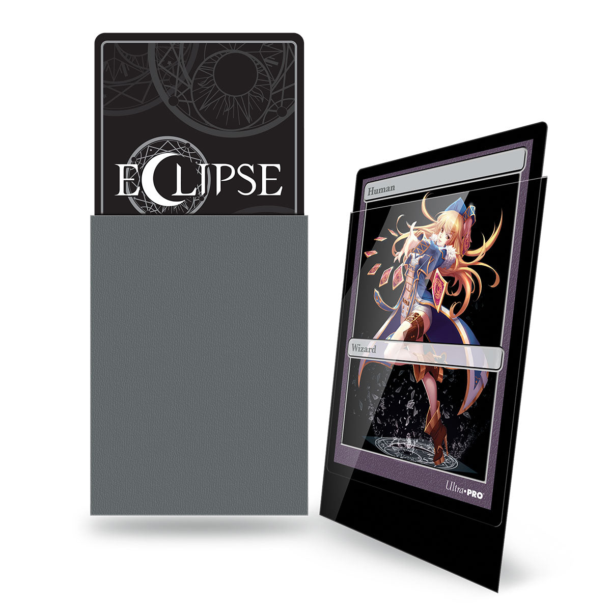 A grey card sleeve holds an &quot;Eclipse&quot; card, displayed next to a protected &quot;Human Wizard&quot; trading card