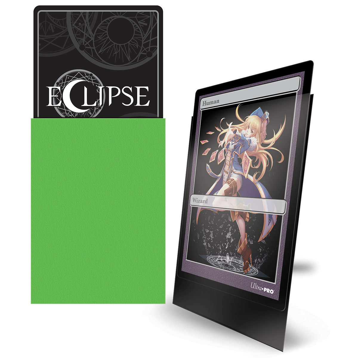 Two Ultra Pro Eclipse Matte Small Deck Protector Sleeves, one lime green and one black holding a wizard card