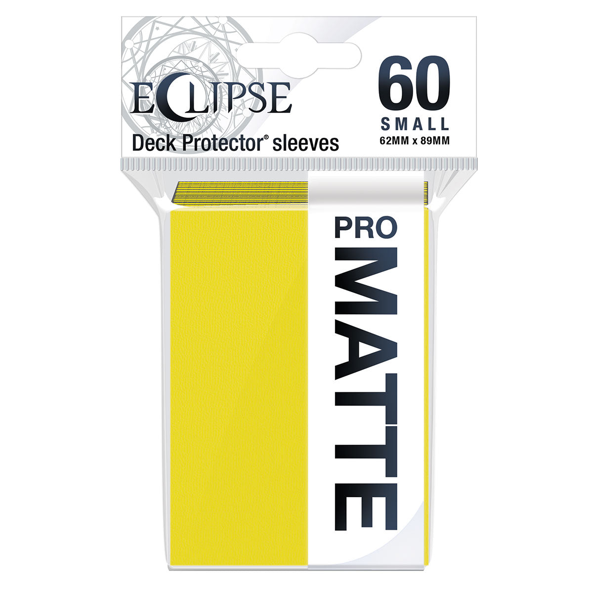 A pack of 60 yellow Eclipse PRO MATTE Deck Protector sleeves small (62mm x 89mm)