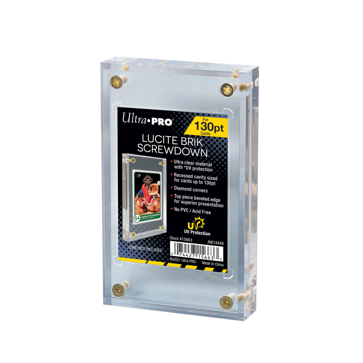 Clear Ultra Pro Lucite Brik Screwdown acrylic display case for 130pt cards, with product label and demo card