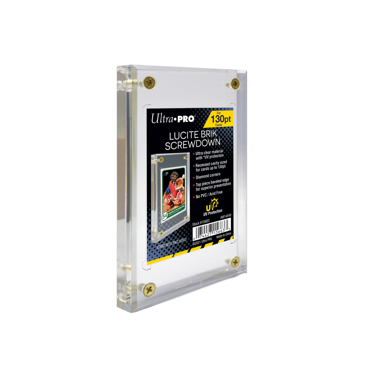 A clear Ultra-PRO Lucite Brik screwdown case for 130pt trading cards, featuring gold screws and a sample card