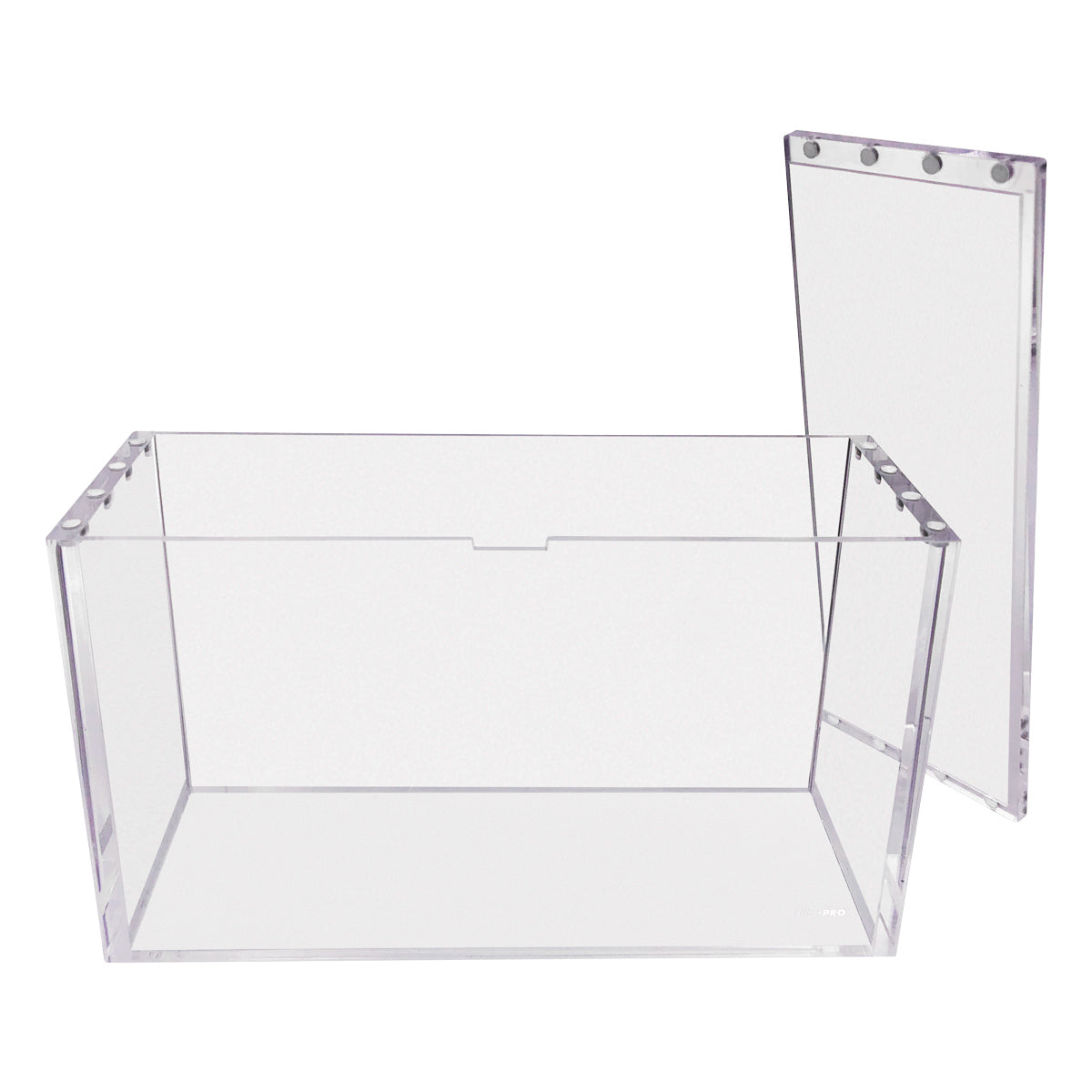 Clear acrylic rectangular box with an unattached, magnetic lid panel standing upright behind it