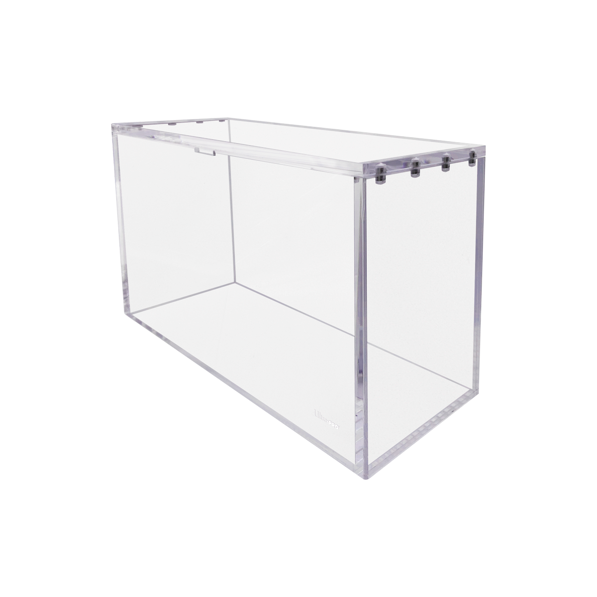 Empty clear rectangular Ultra PRO acrylic storage box with an open top and small rivets on one side