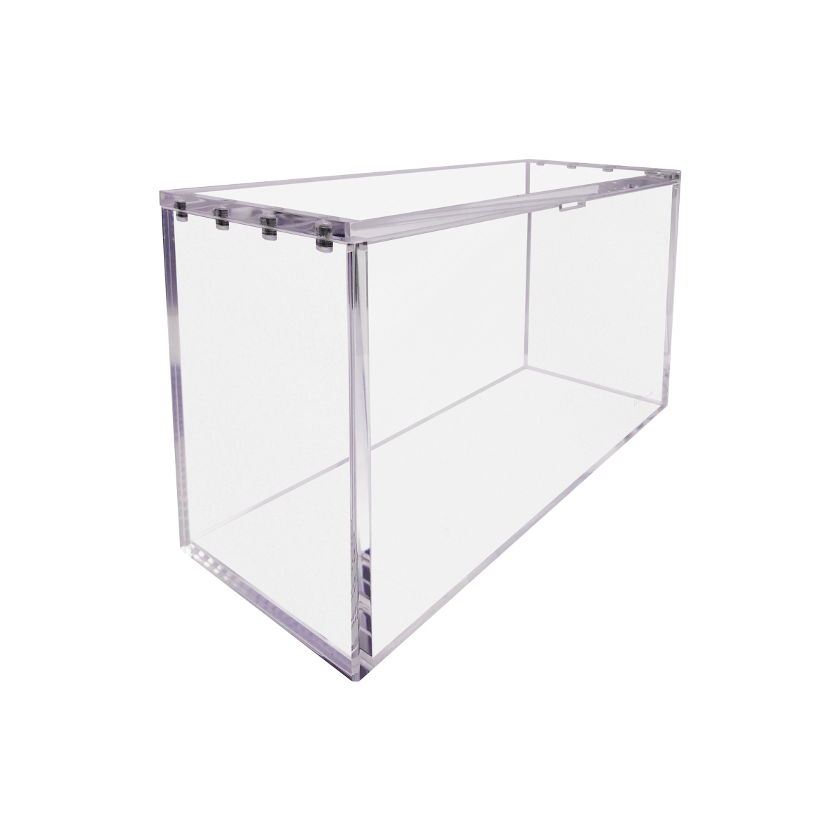 Clear, rectangular acrylic box with an open top and metal fasteners along one edge