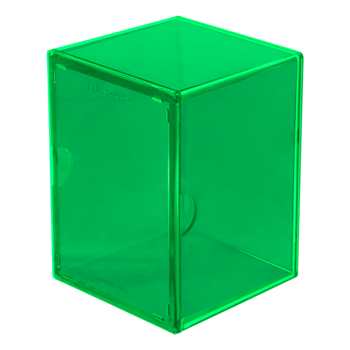 A translucent lime green two-piece deck box standing upright