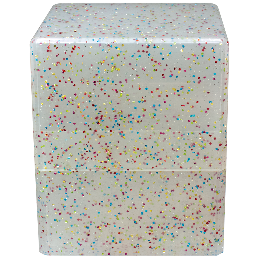 Translucent white plastic deck box covered in multicolored confetti glitter