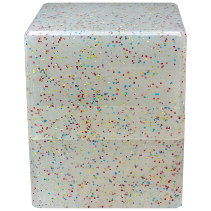 Translucent white plastic deck box covered in multicolored confetti glitter