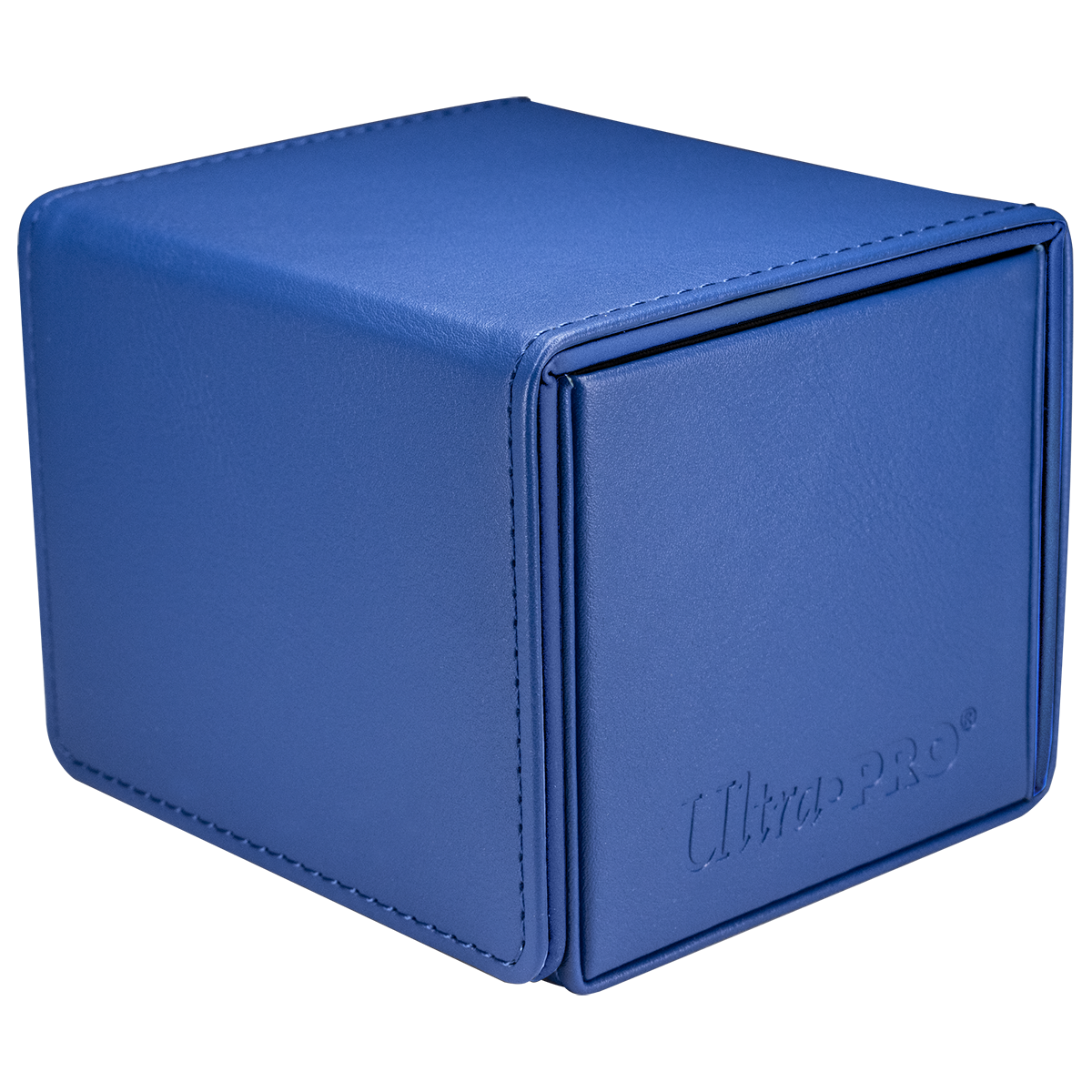 A vivid blue rectangular deck box with stitched edges and a flap closure