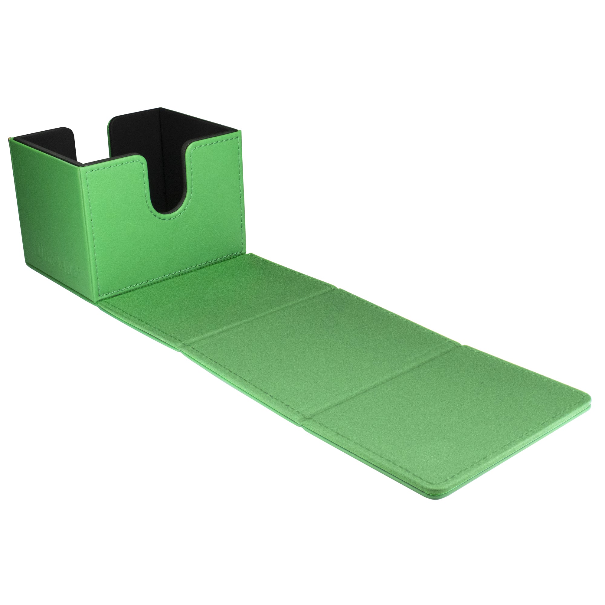 A green deck box, open with its lid unfolded flat, revealing a black interior.