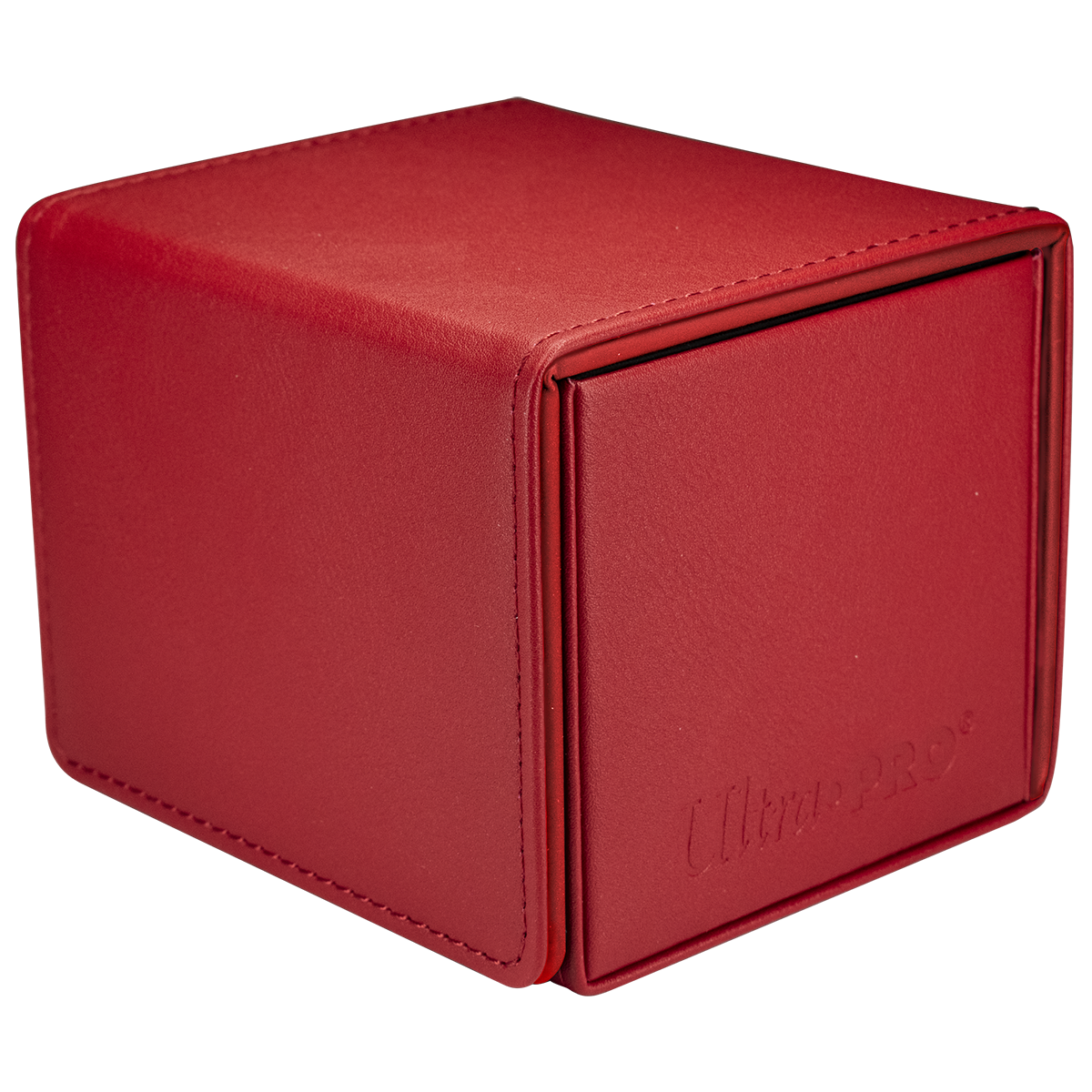 A closed, vibrant red, textured Ultra PRO deck box with an embossed logo and visible stitching