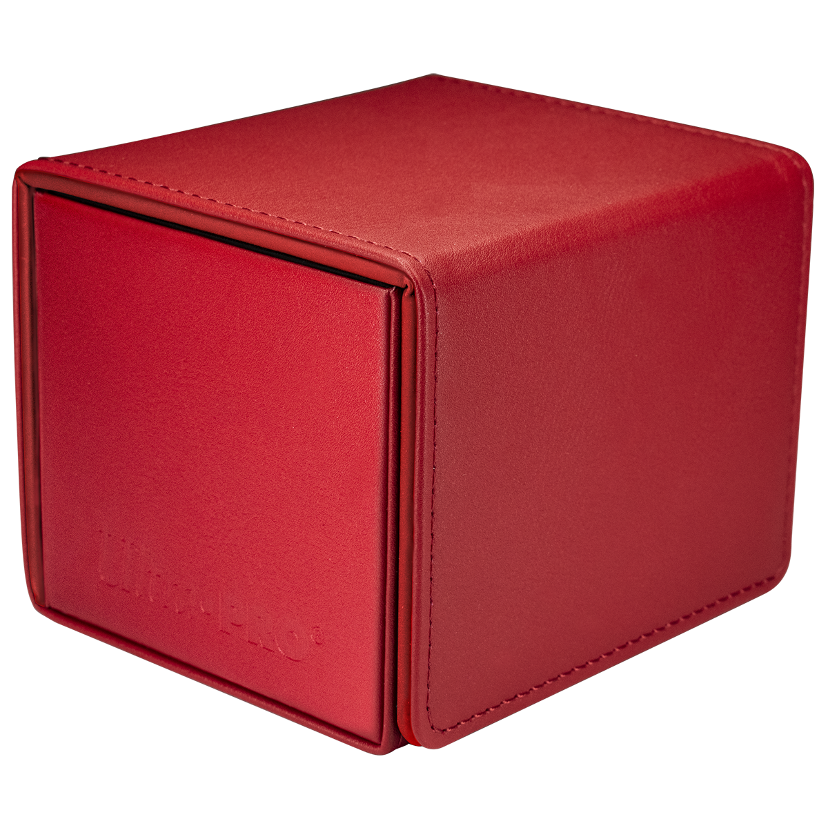 Red Ultra Pro deck box with textured finish and stitching, shown closed