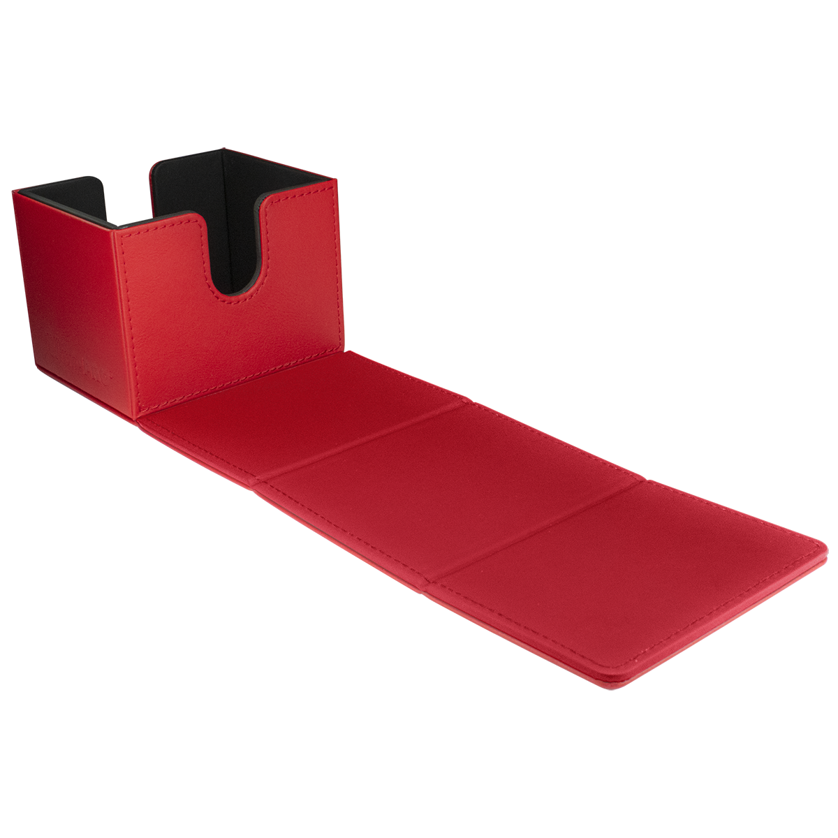 Red outside and black inside card deck box, open with its long, segmented lid extended