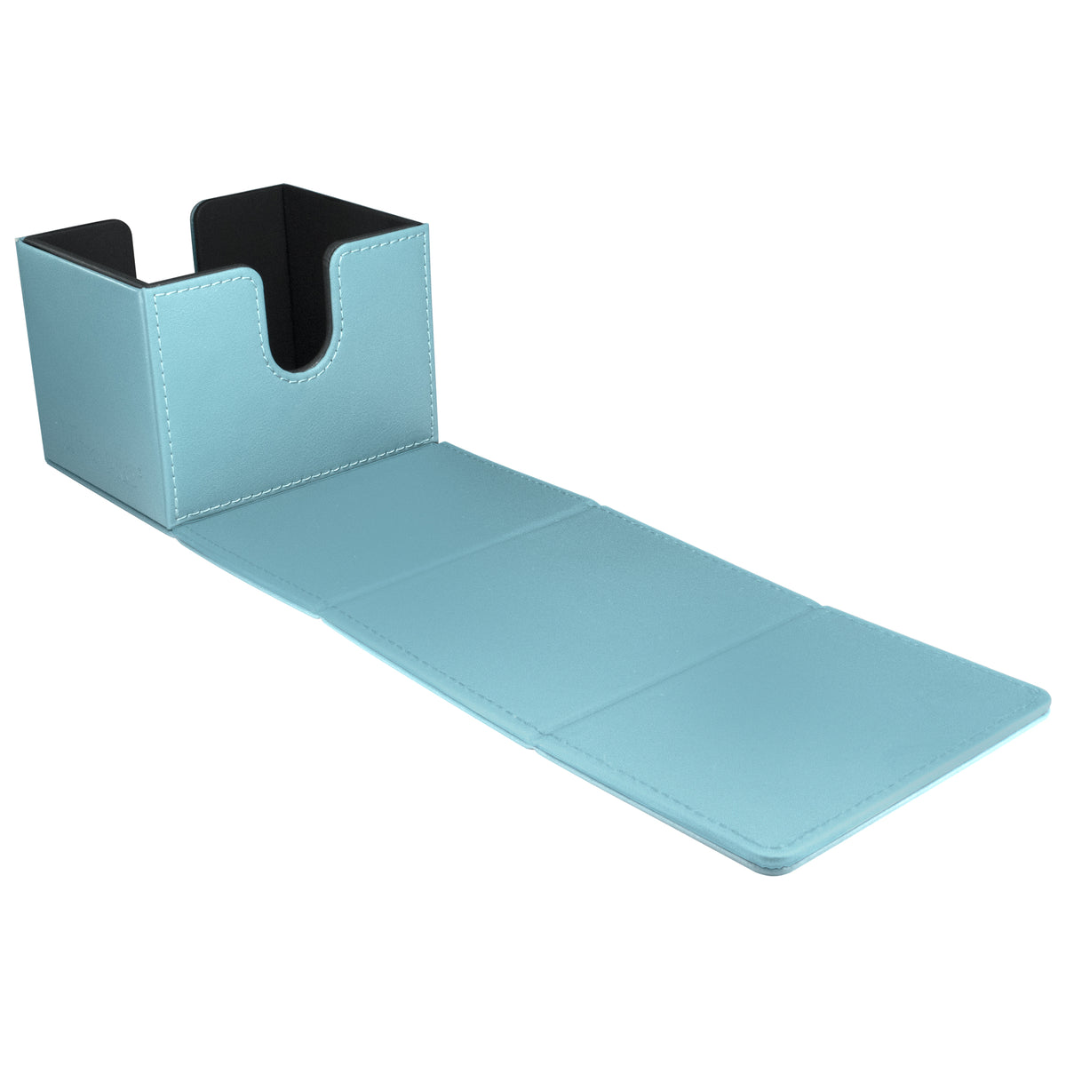 A light blue deck box with a U-cutout, open to an extended flap, it has white stitching and a black interior