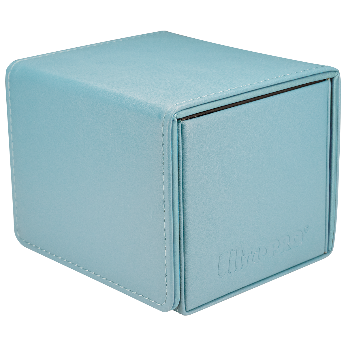 A light blue, cube-shaped Ultra PRO deck box with white stitching