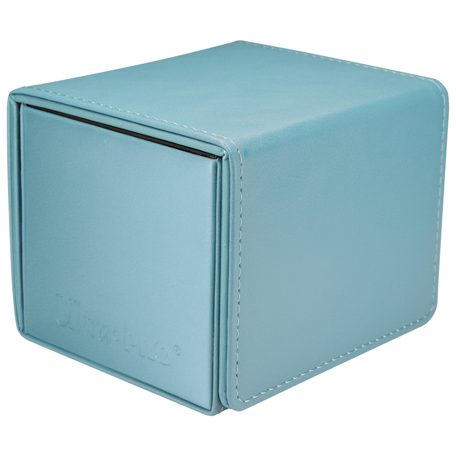 A light blue faux leather Ultra-PRO deck box with white stitching, shown closed