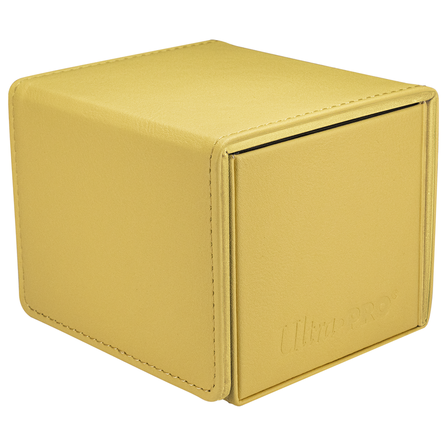 Yellow faux leather Ultra PRO deck box with visible stitching