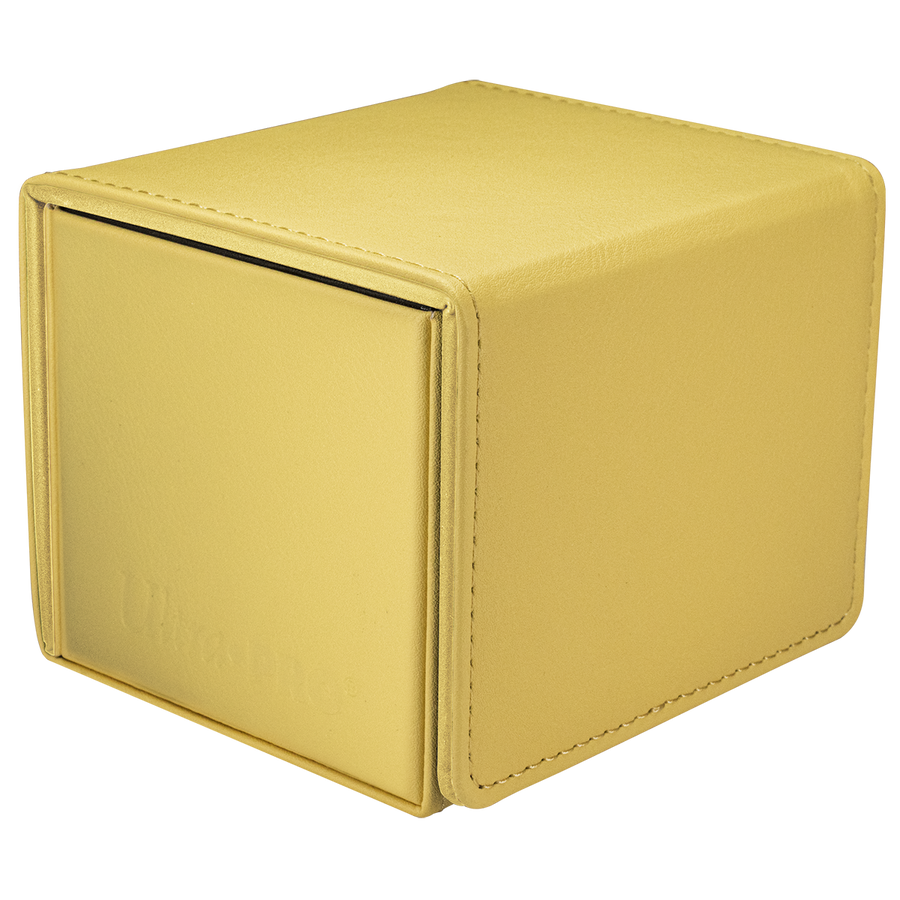 A closed, yellow faux leather UltraPro deck box with visible stitching
