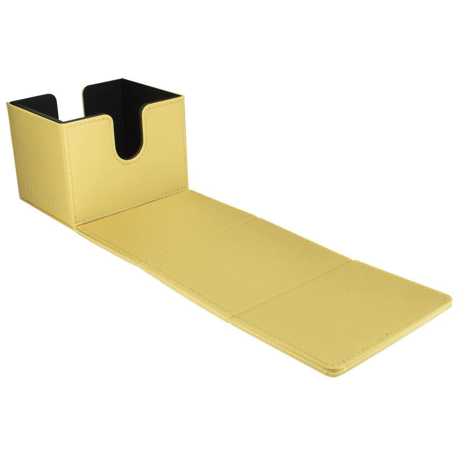 Yellow Ultra Pro deck box with black interior, open and lid unfolded into a flat playmat