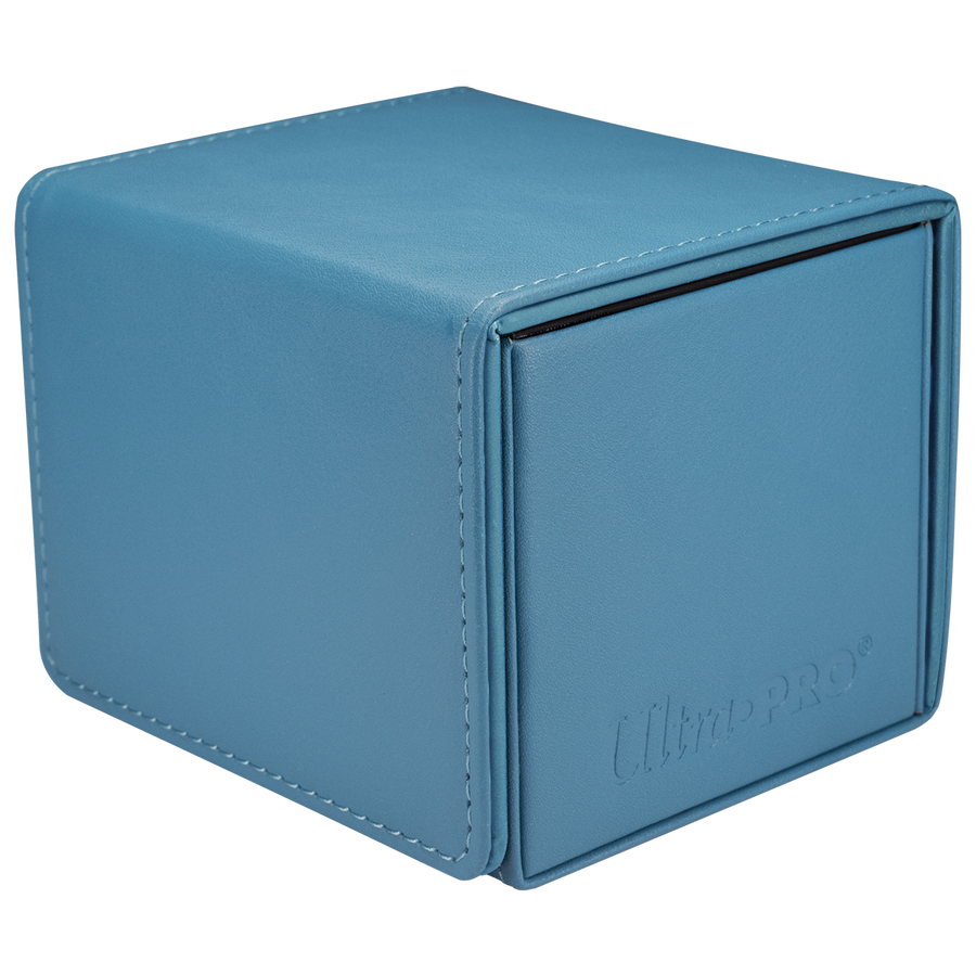 A sky blue leather-texture deck box with white stitching and an embossed Ultra PRO logo
