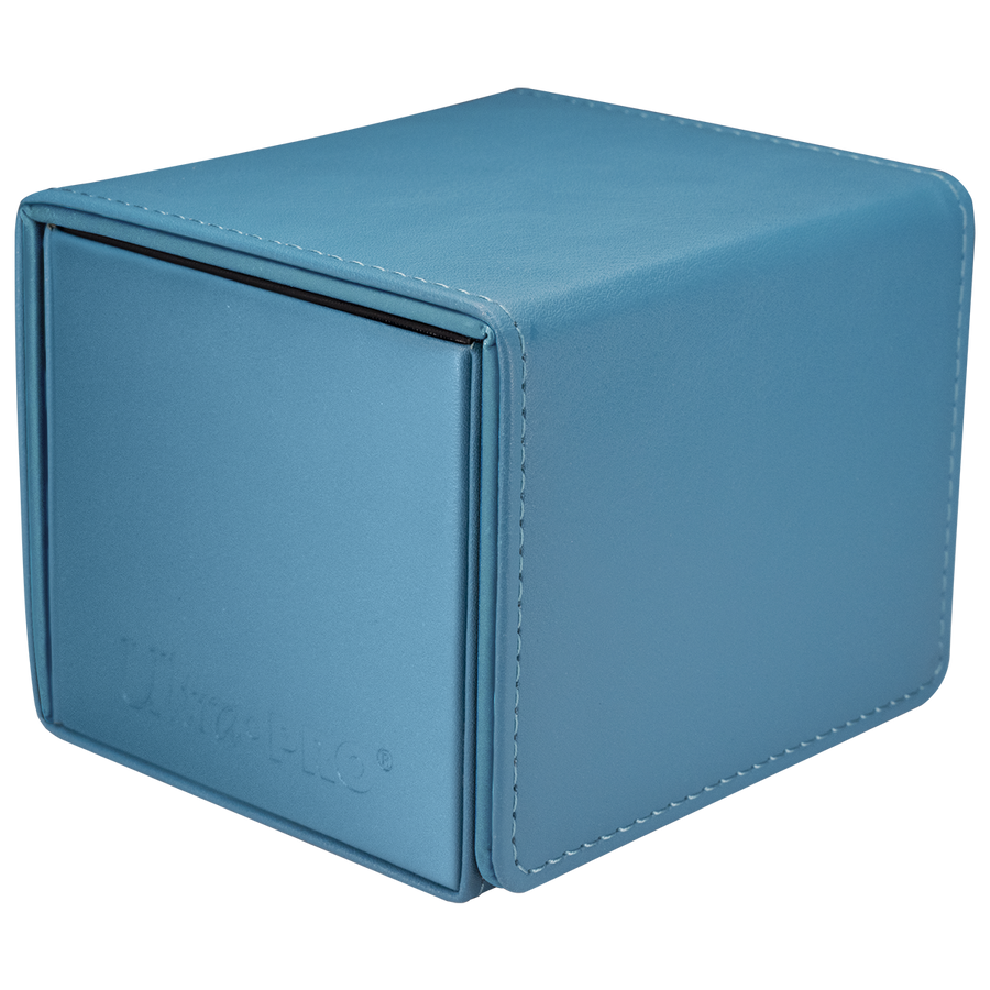 A light blue Ultra-PRO card deck box, textured with white stitching, shown closed