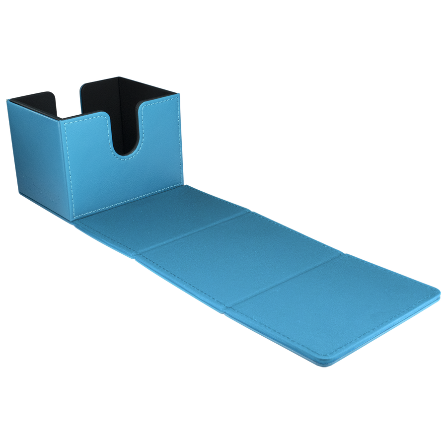 A light blue deck box is open with a U-shaped cutout, its segmented front flap extended flat