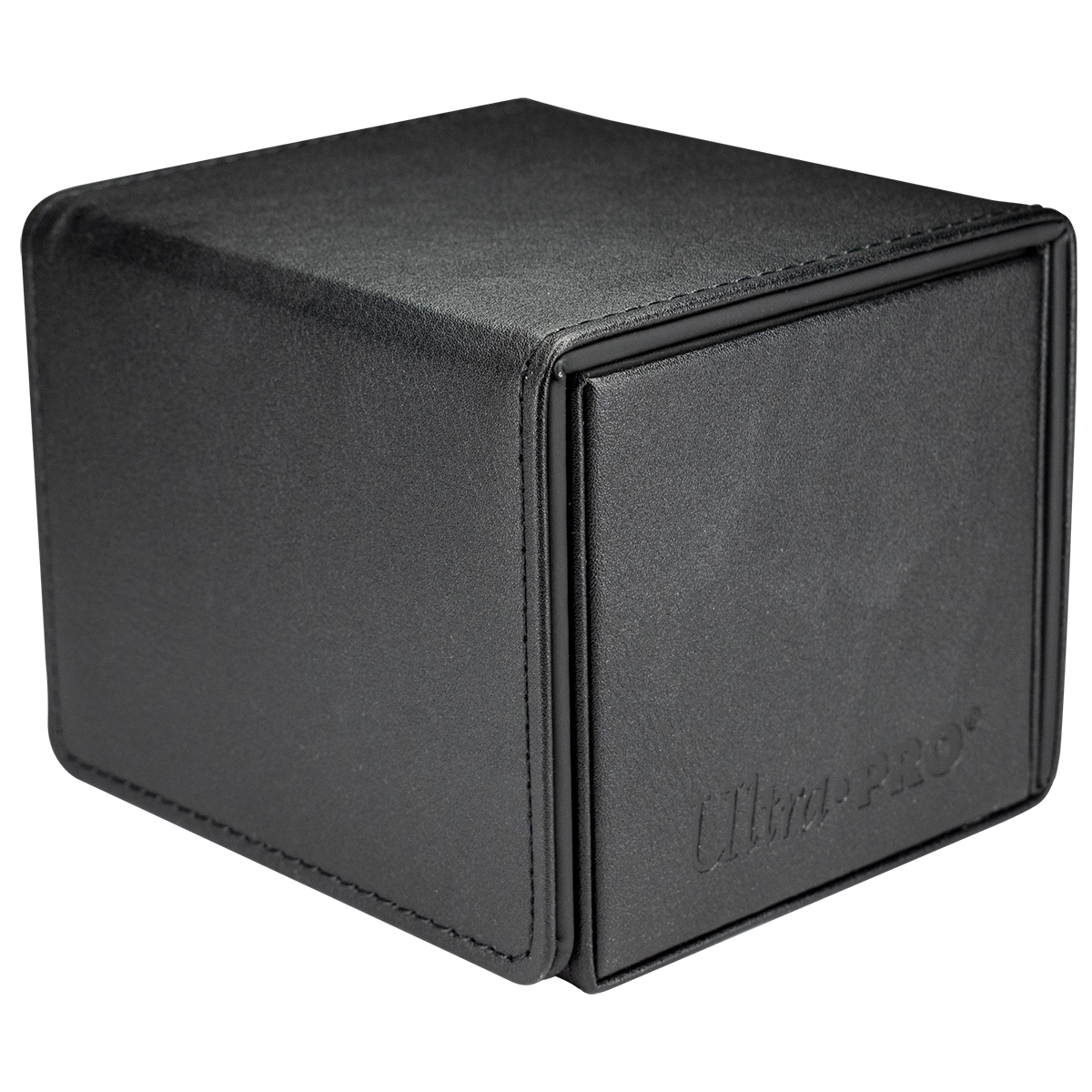 A black faux leather deck box with stitched edges and a front flap closure