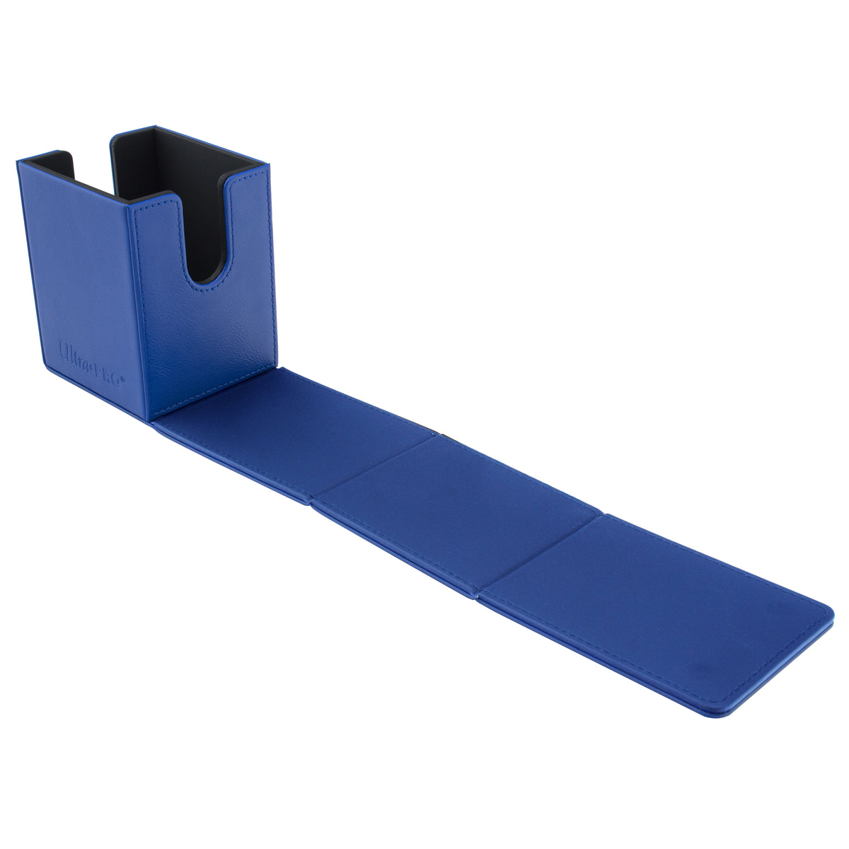 Blue Ultra PRO deck box with U-shaped card access cutout, black interior, and long foldable playmat extending from its base