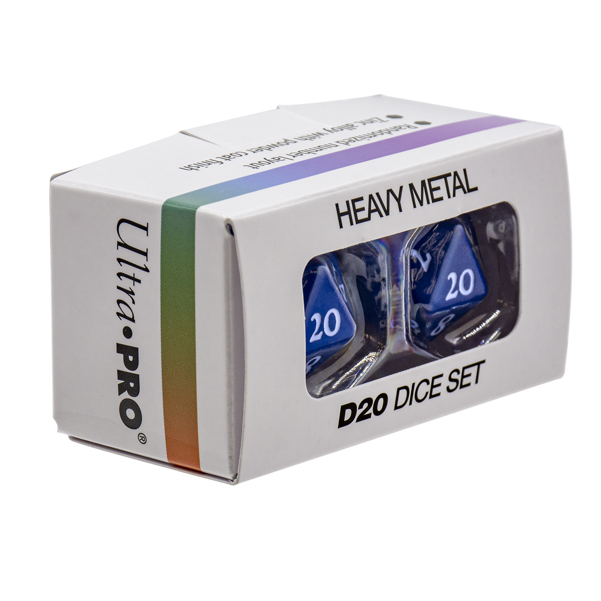 Ultra-PRO box containing two blue &quot;Heavy Metal&quot; D20 dice