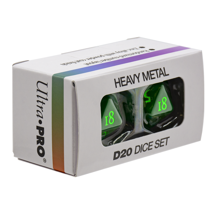 White Ultra PRO box for a Heavy Metal D20 Dice Set, showing two dark green D20 dice with bright green numbers