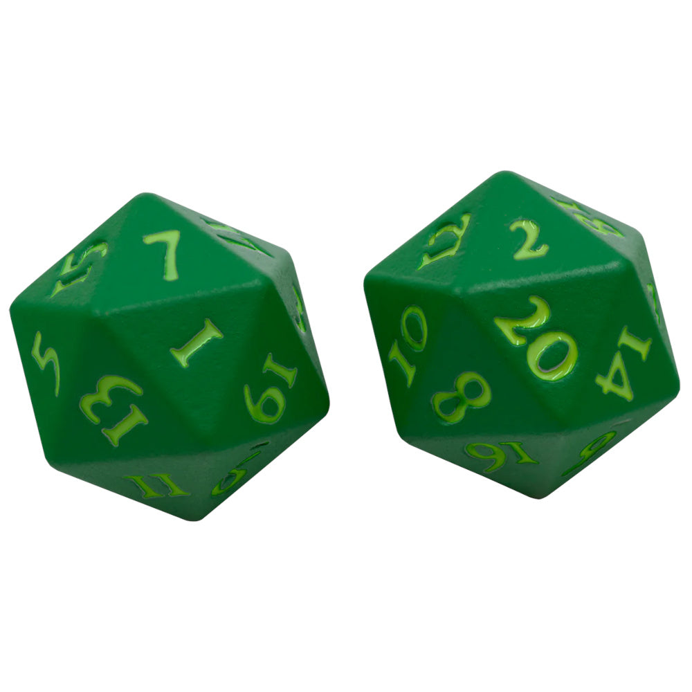 Two vibrant green d20 dice with lighter green numbers, ready for rolling