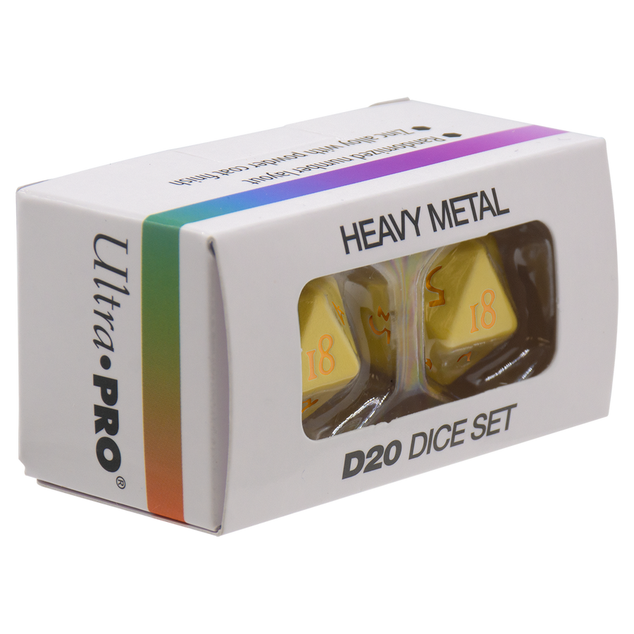 A white Ultra-PRO &quot;Heavy Metal&quot; D20 Dice Set box, showing two yellow metal D20 dice through a window, one displaying &#39;18&#39;