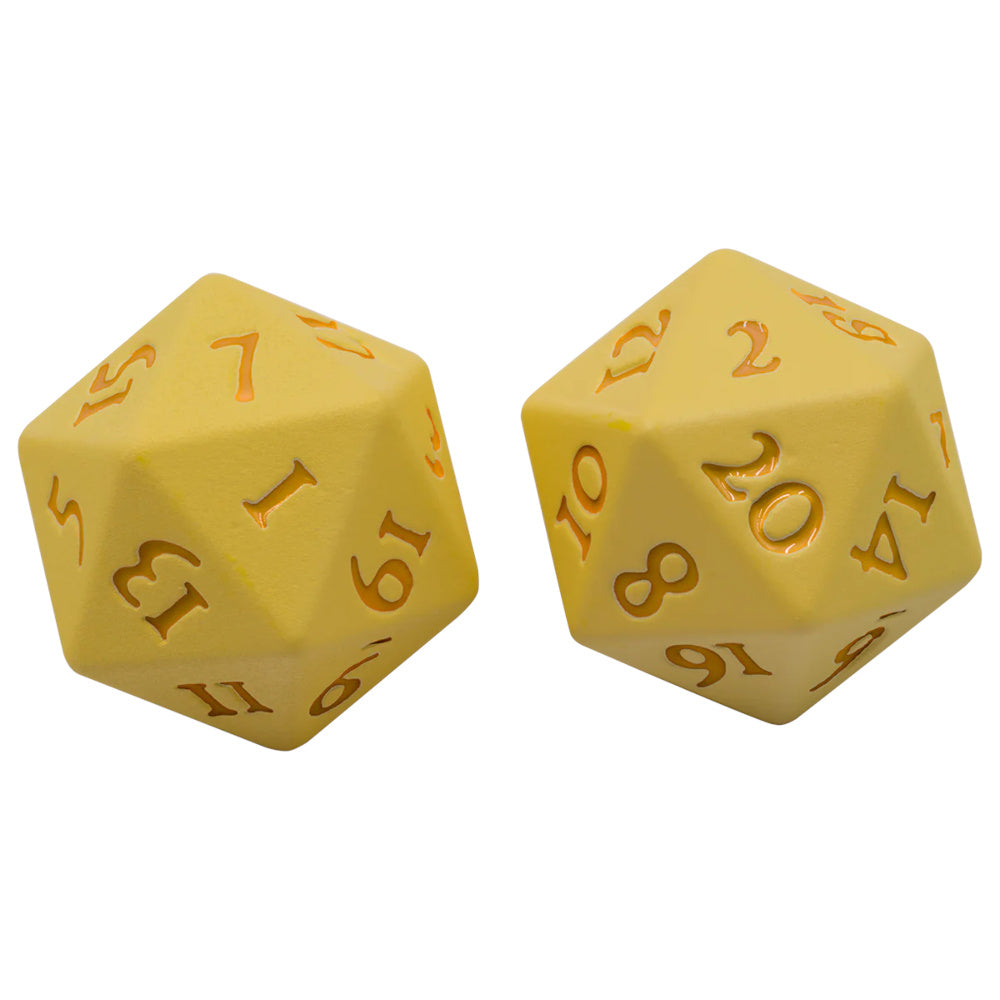 A pair of yellow 20-sided dice with orange numbers, typically used for tabletop games